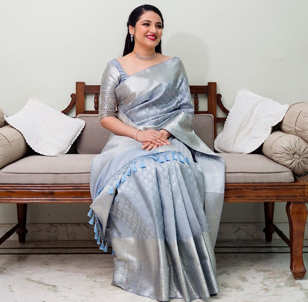 Good Looking Grey Color Banarasi Silk Saree
