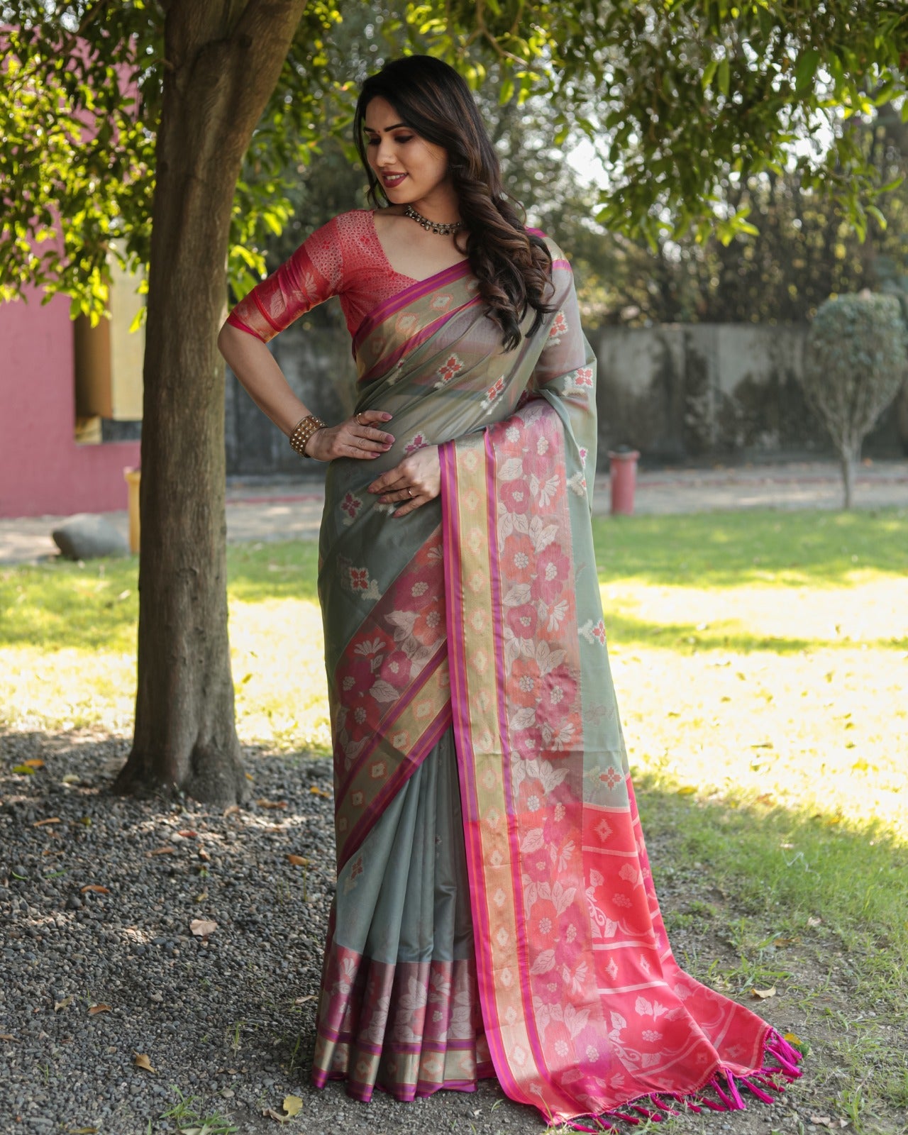 Festive Wear Grey Color Designer Organza Saree