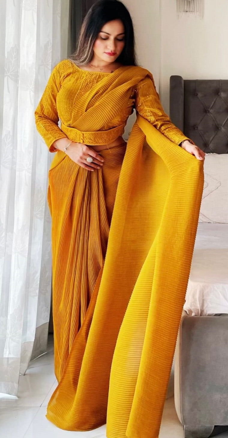 Mustard Color Crushed Saree With Fancy Attached Belt Blouse