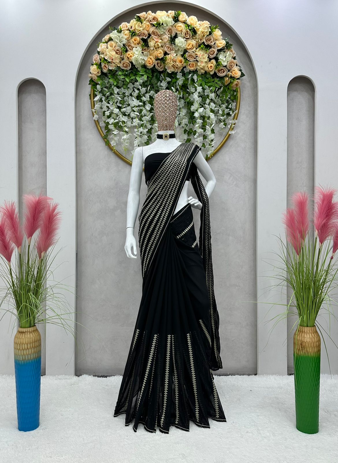 Party Wear Black Color Sequence Saree