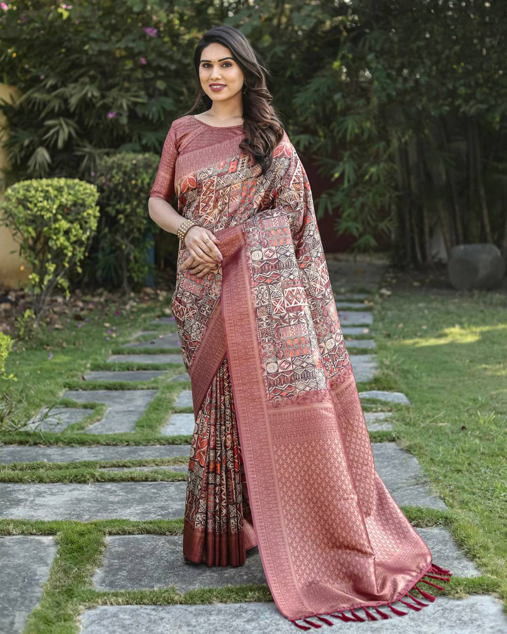 Digital Print With Golden Weaving Maroon Banarasi Saree