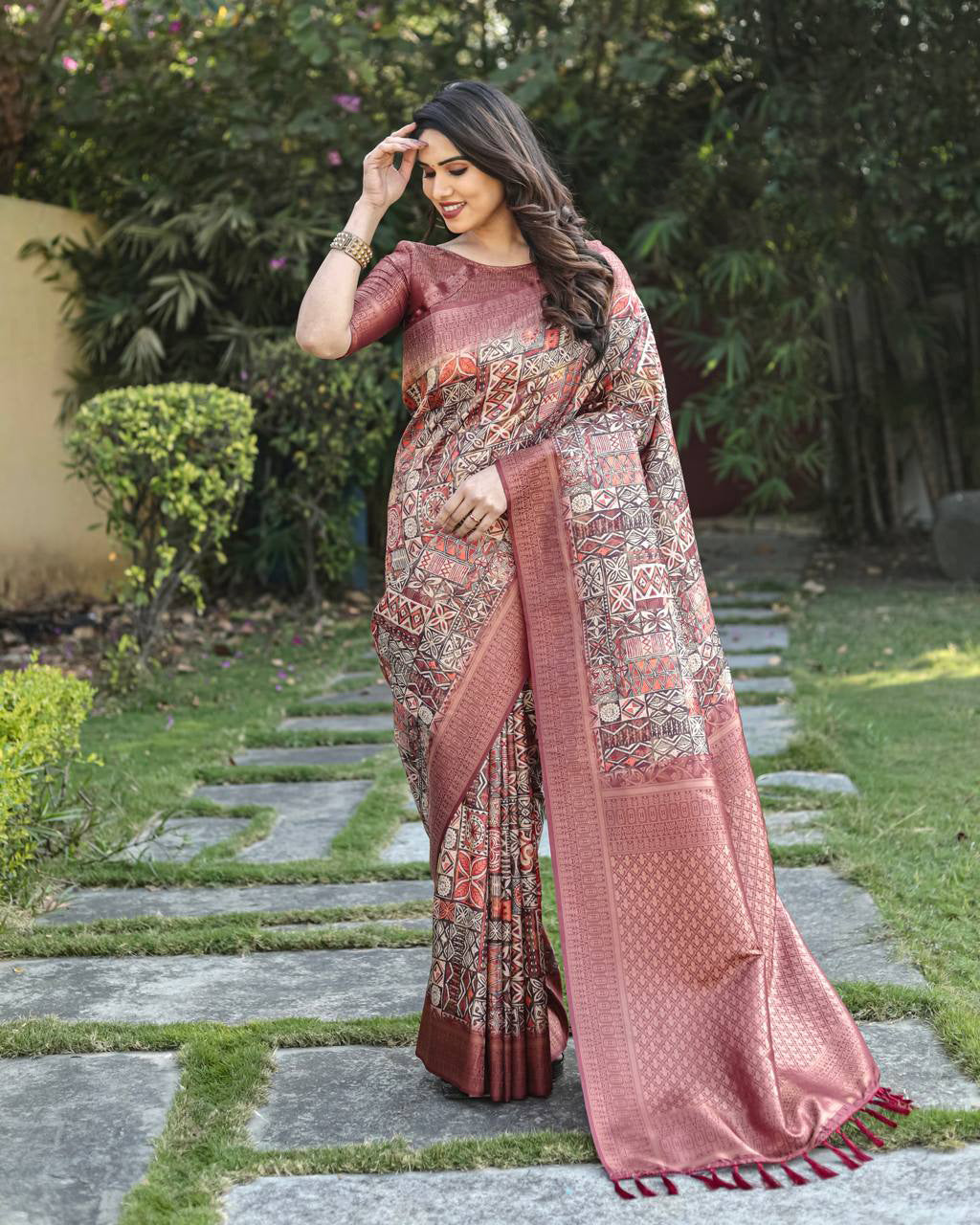 Digital Print With Golden Weaving Maroon Banarasi Saree