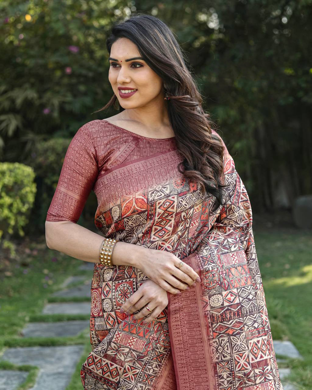 Digital Print With Golden Weaving Maroon Banarasi Saree