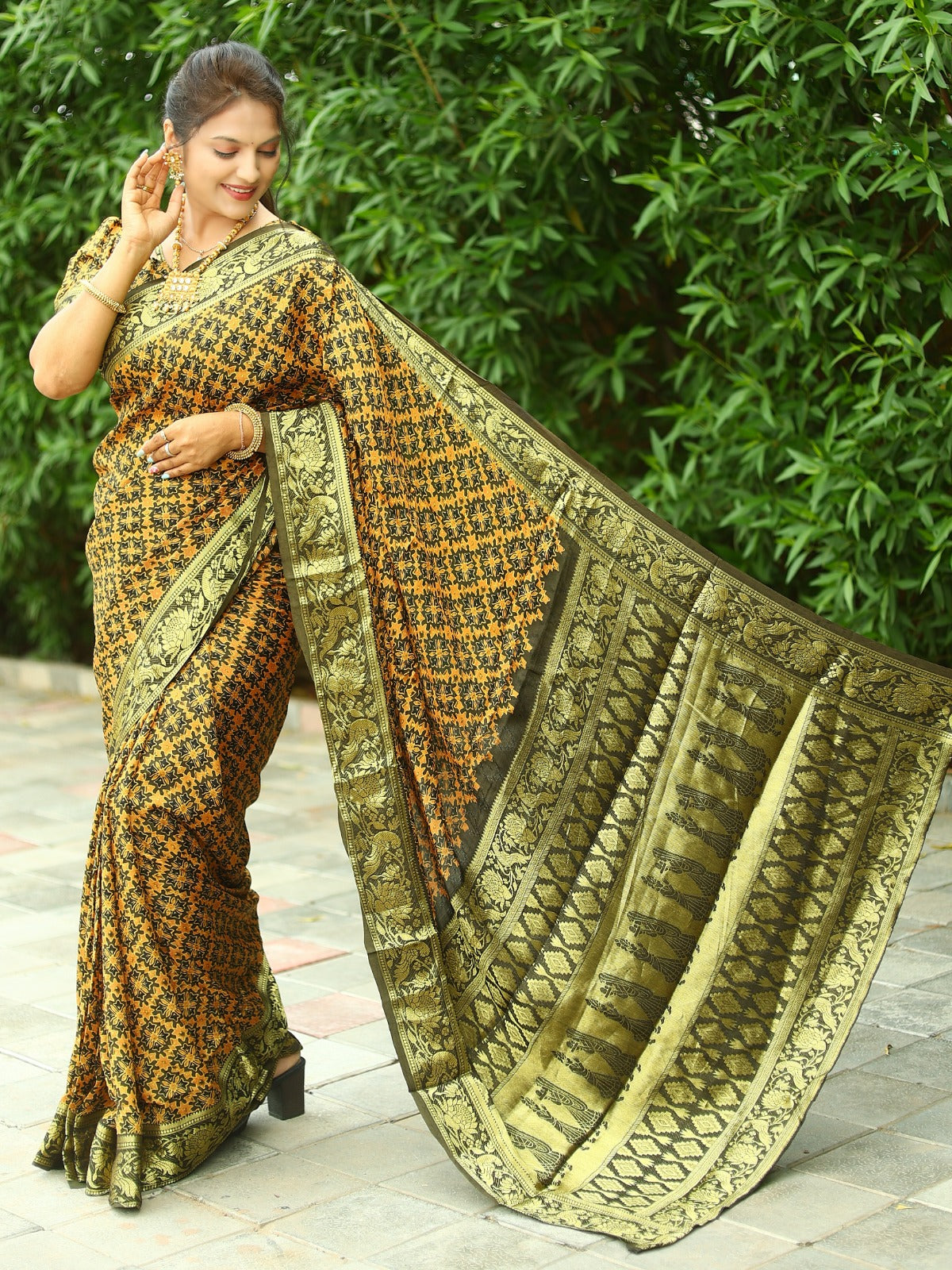 Beautiful Yellow With Mehendi Ajrakh Zari Weaving Saree