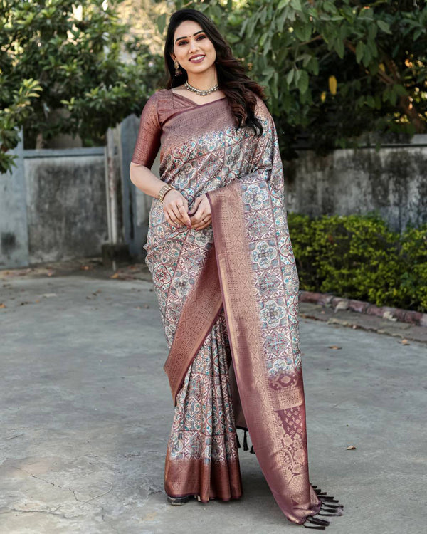 Rich Golden Weaving Print Maroon Color Banarasi Saree