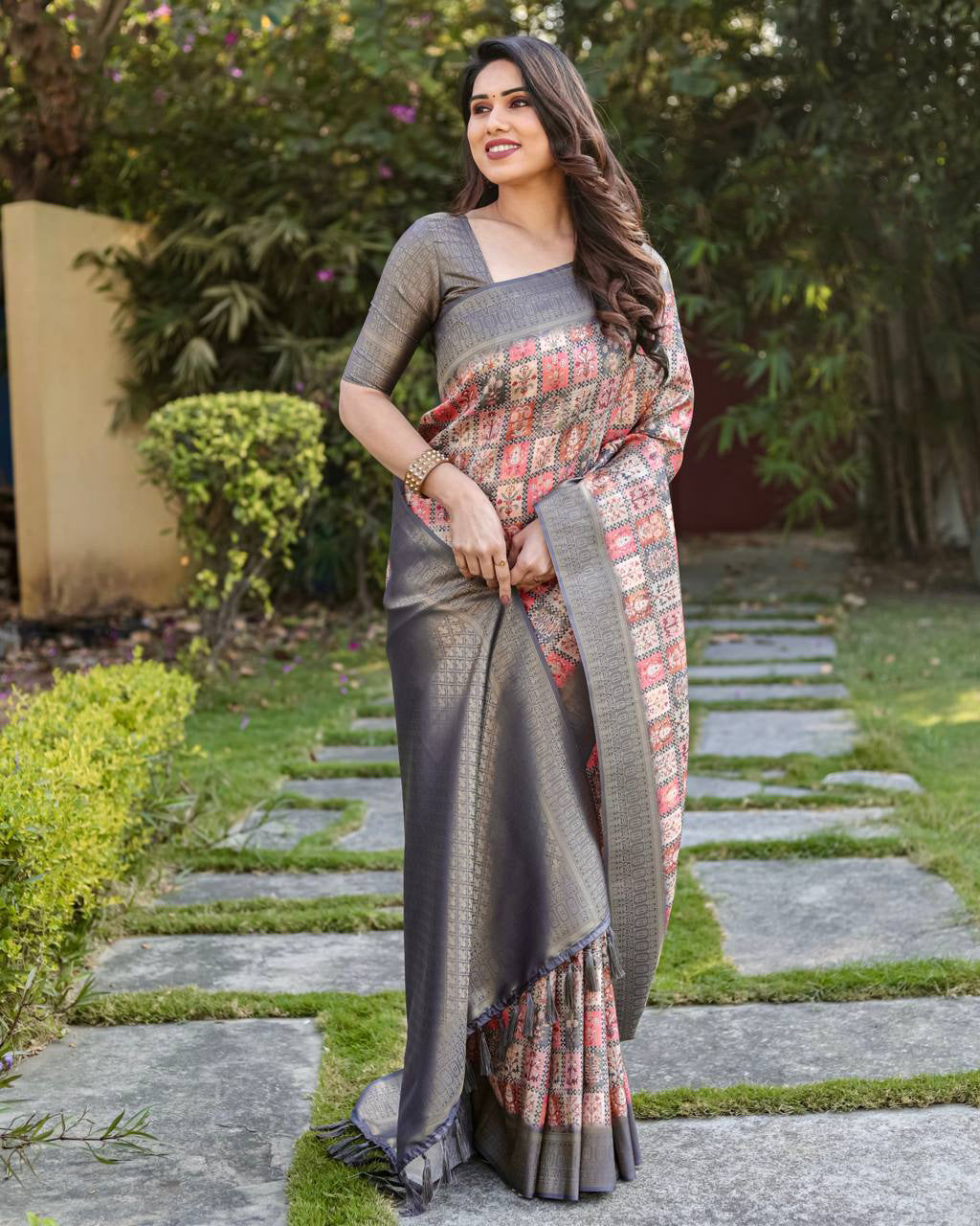 Digital Print With Golden Weaving Navy Blue Banarasi Saree