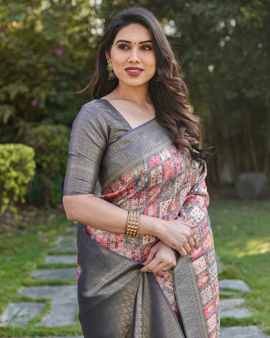 Digital Print With Golden Weaving Navy Blue Banarasi Saree