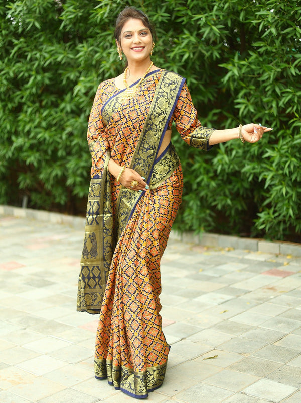 Beautiful Light Pink With Navy Blue Ajrakh Zari Weaving Saree
