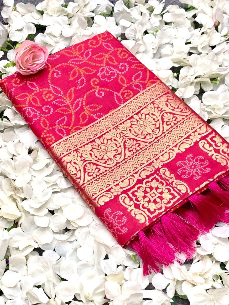 Bandhej Designed Zari Patola Weaving Pink Saree