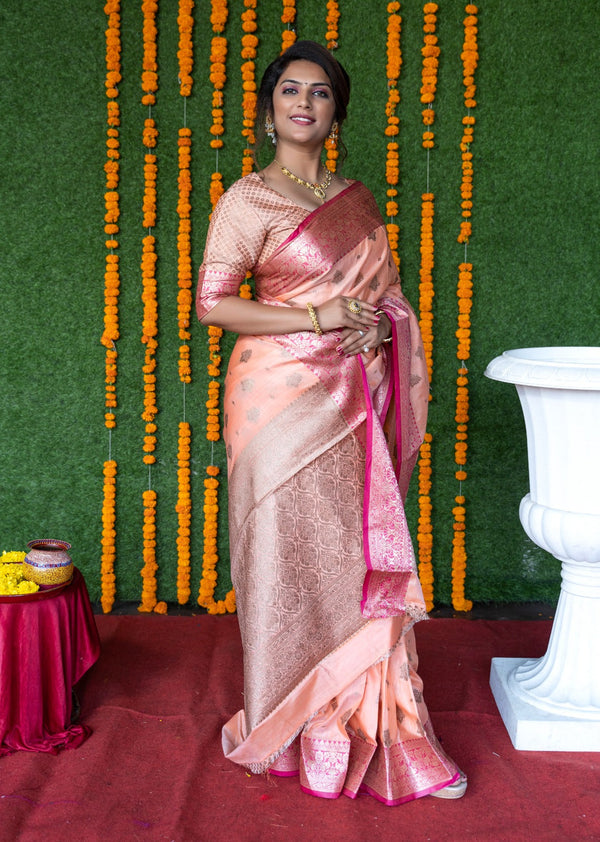 Peach Color Rich Pallu And Border Banarasi Saree