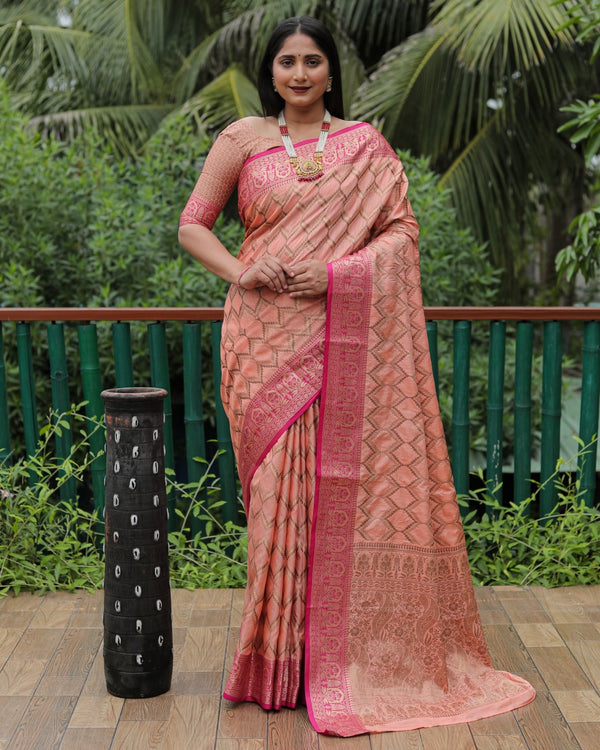 Peach Color Banarasi Saree With Rich Border