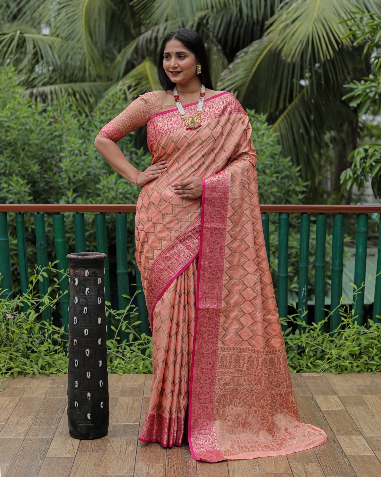 Peach Color Banarasi Saree With Rich Border