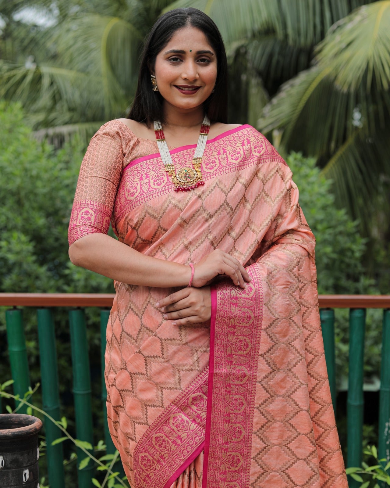 Peach Color Banarasi Saree With Rich Border