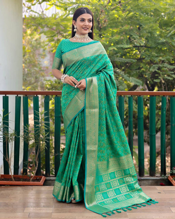 Bandhej Designed Zari Patola Weaving Parrot Green Saree