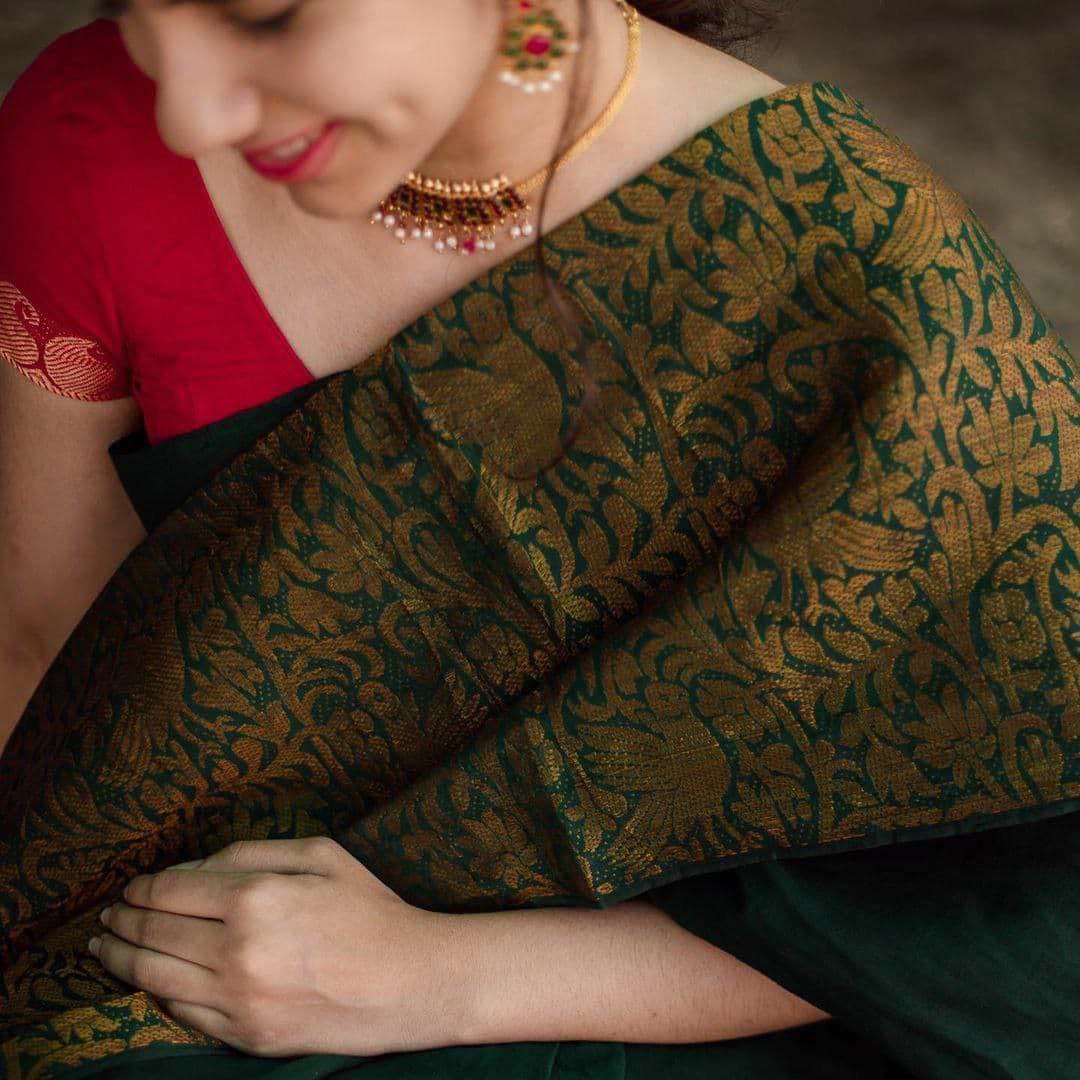 Awesome Dark Green Color Soft Lichi Silk Saree