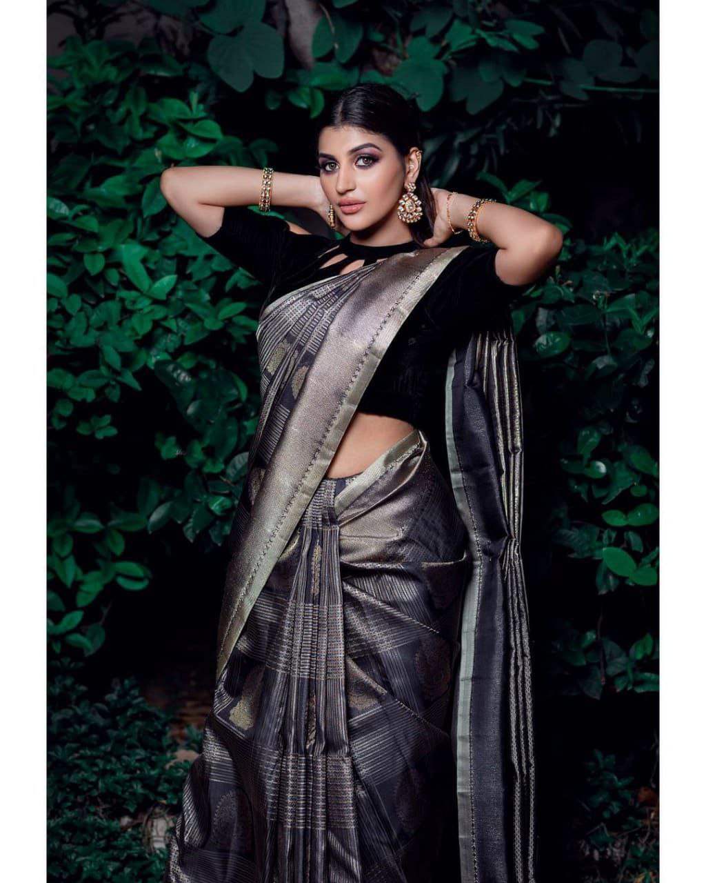Imposing Black Color Soft Lichi Silk Saree