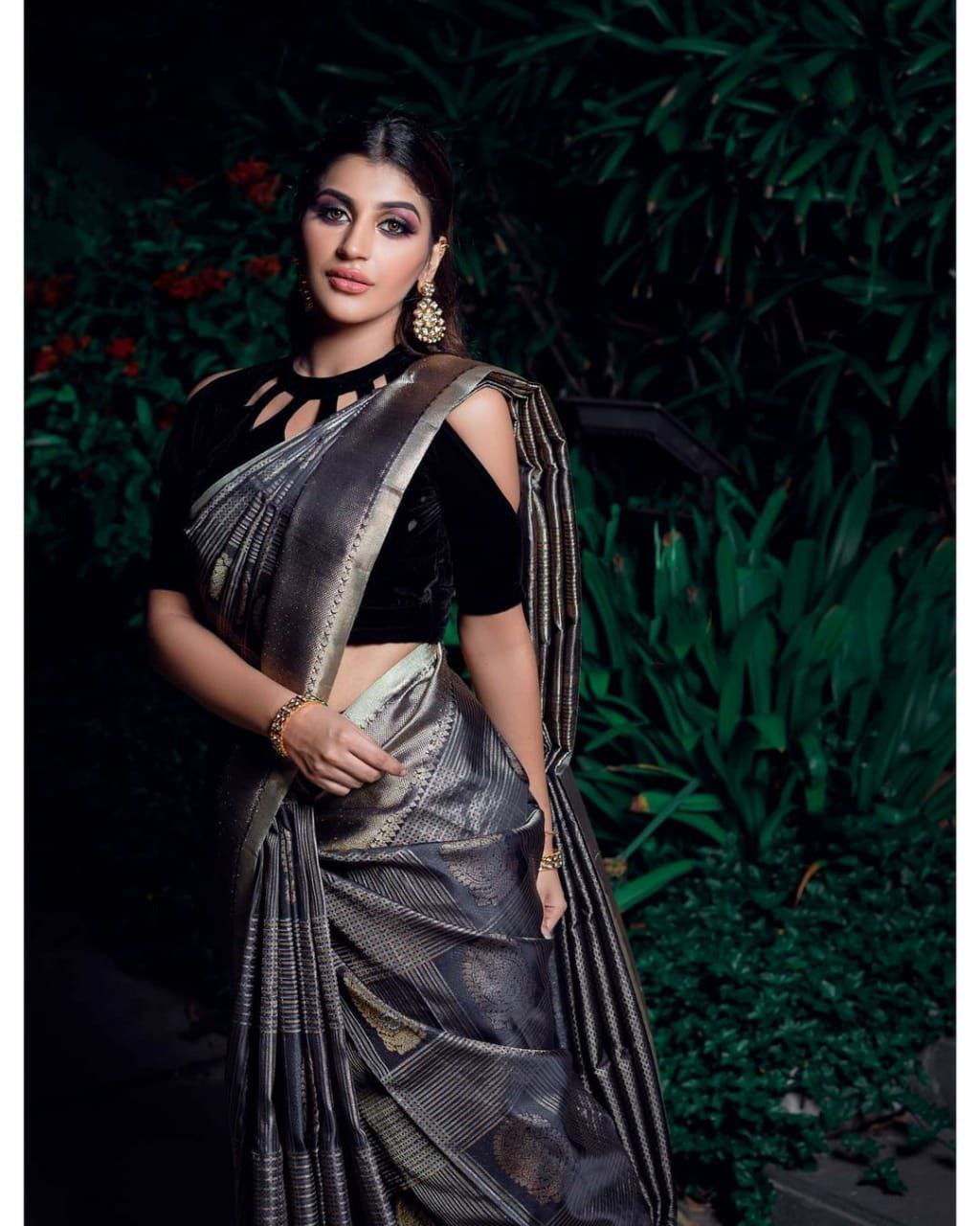 Imposing Black Color Soft Lichi Silk Saree