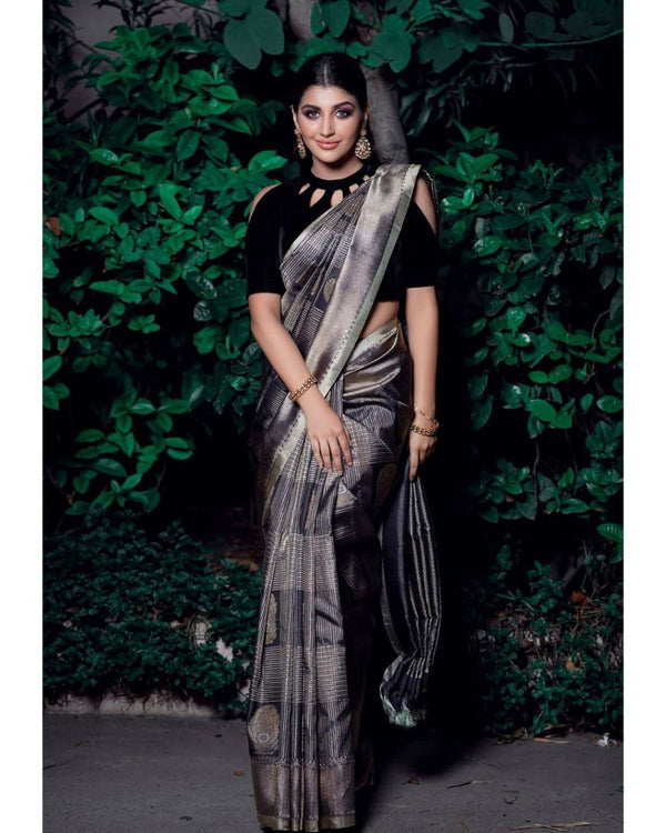 Imposing Black Color Soft Lichi Silk Saree