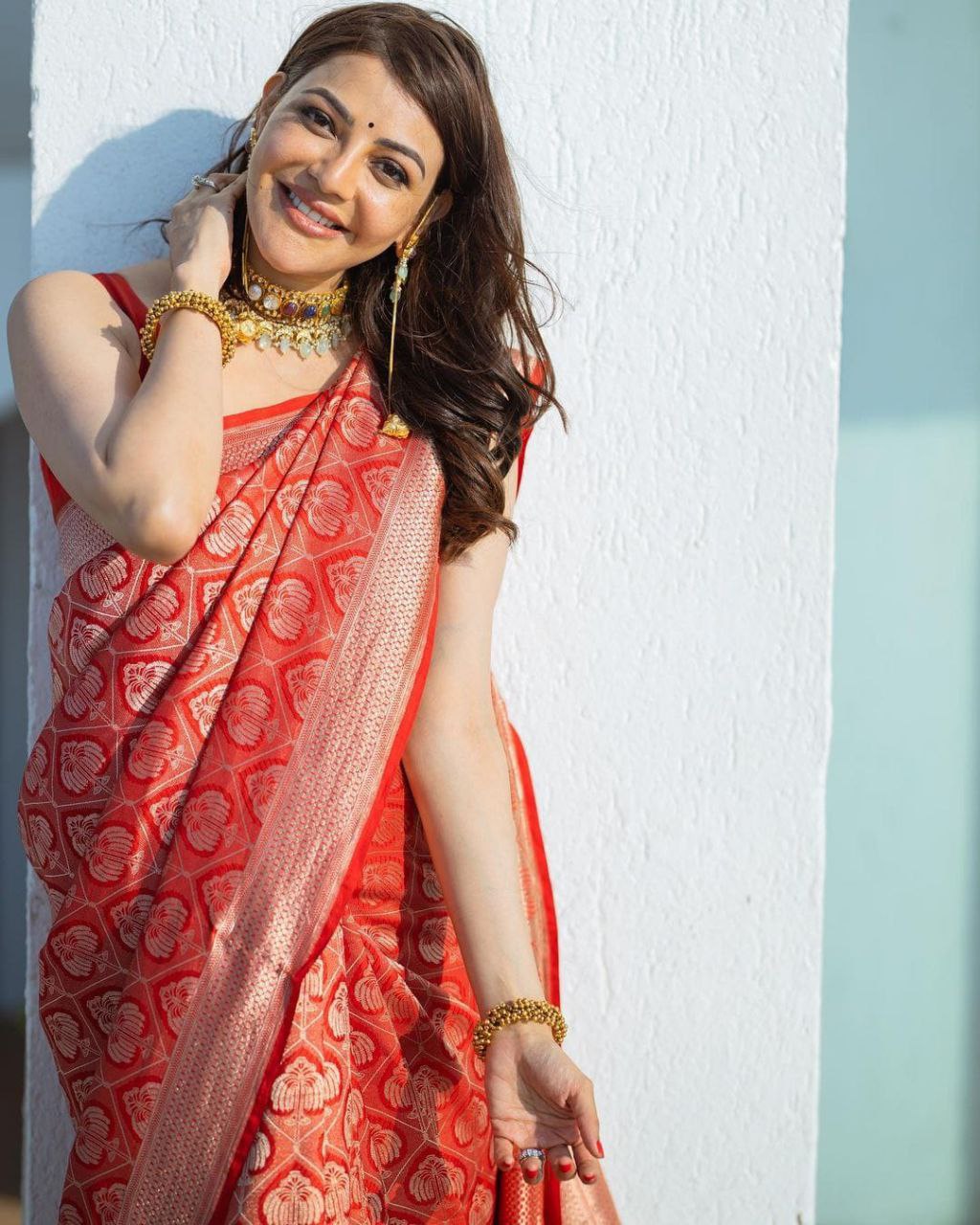 Kajal Aggarwal Red Color Beautiful Banarasi Saree