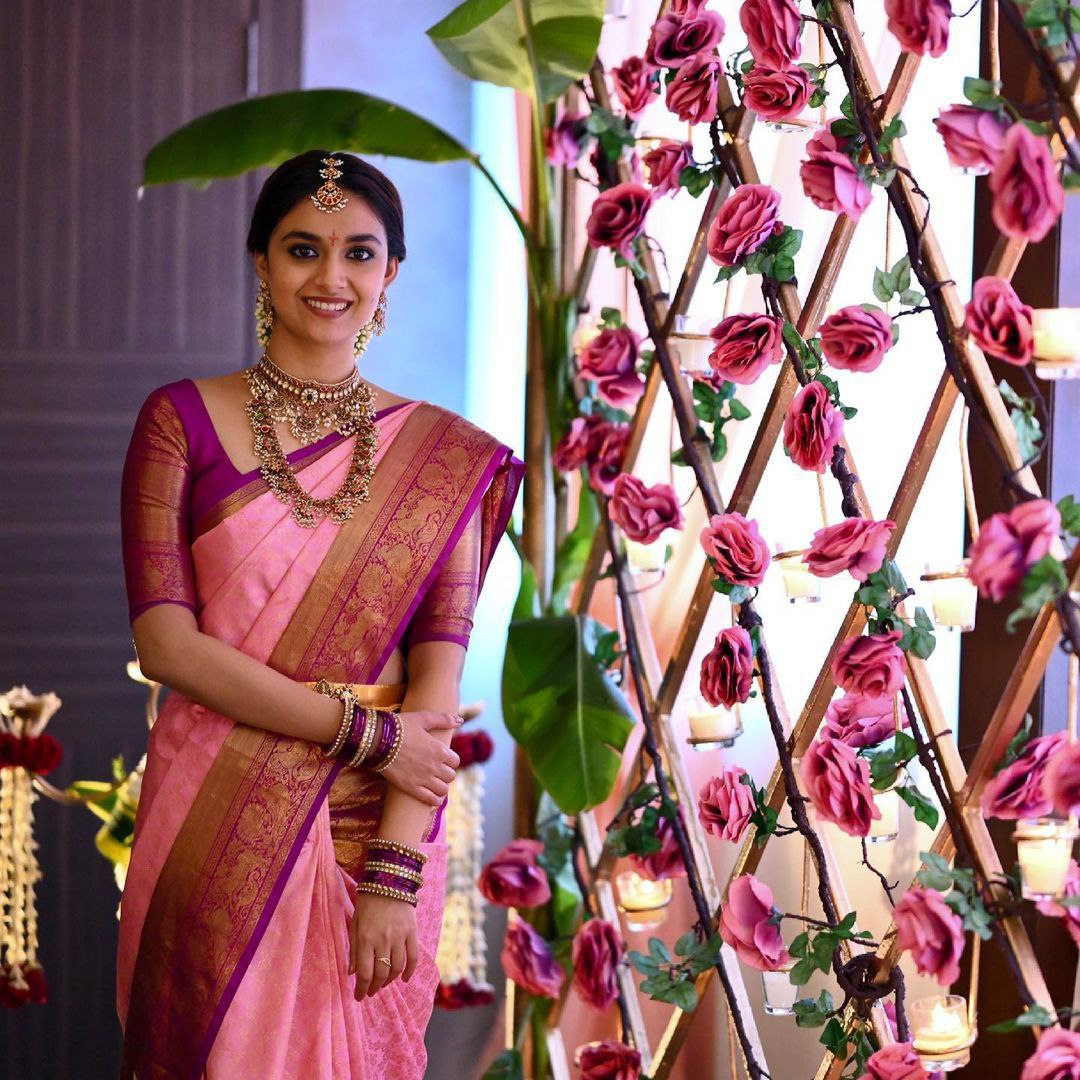 Beautiful Pink Color Golden Jari Work Saree
