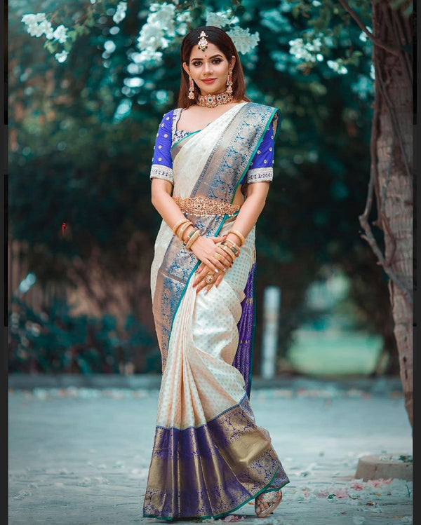 Off White and Blue Golden Work Saree