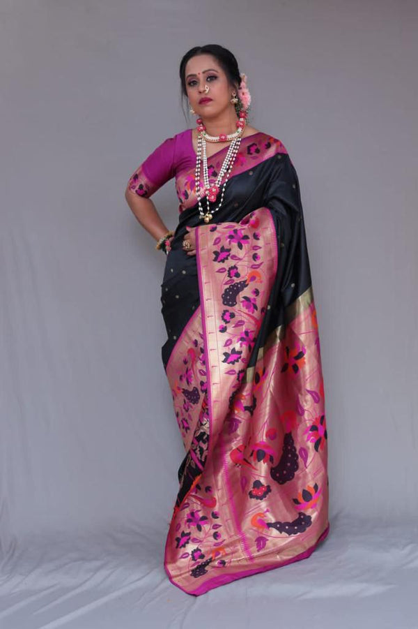 Pleasing Black Color Golden Jacquard Border Saree