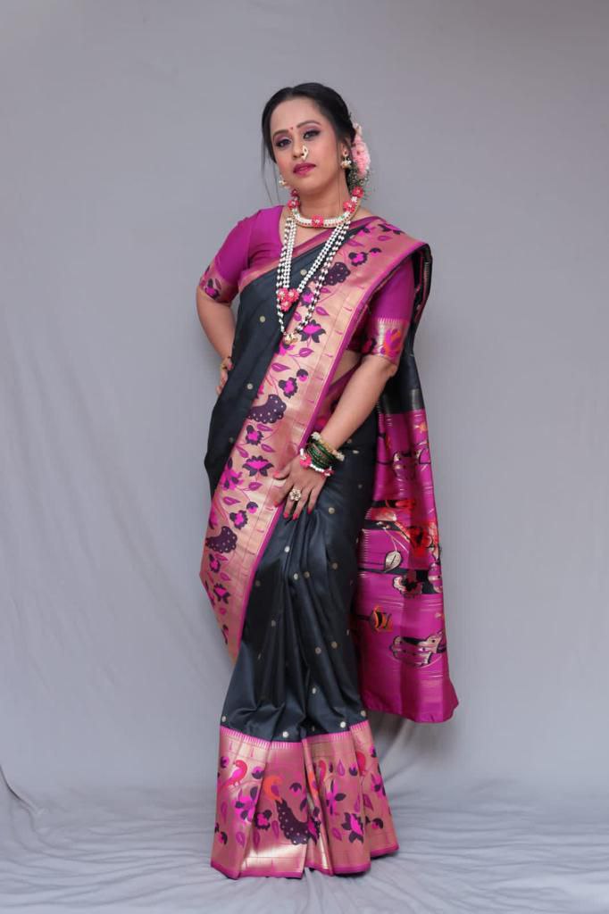 Pleasing Black Color Golden Jacquard Border Saree