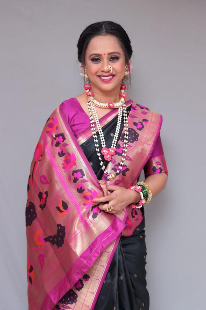Pleasing Black Color Golden Jacquard Border Saree