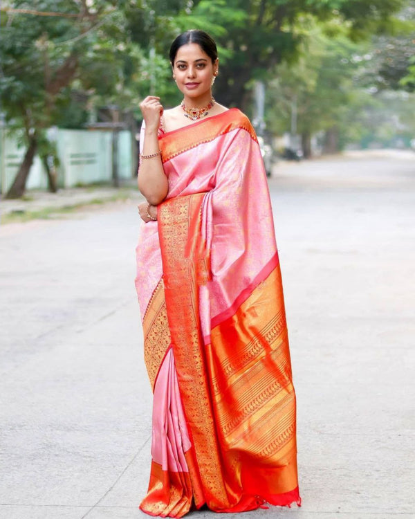 Glossy Light Pink Color Golden Jacquard Work Saree