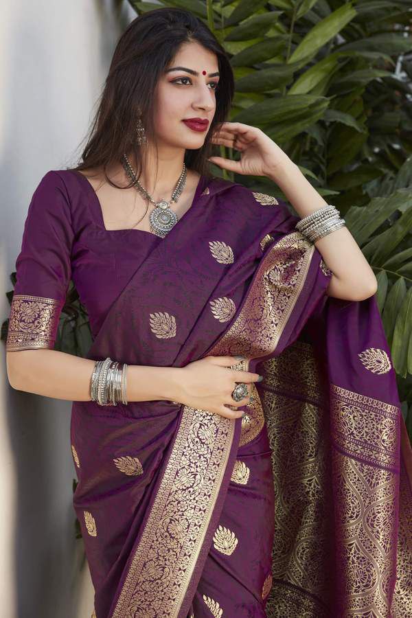 Fantastic Dark Purple Color Golden Jari Work Soft Lichi Silk Saree