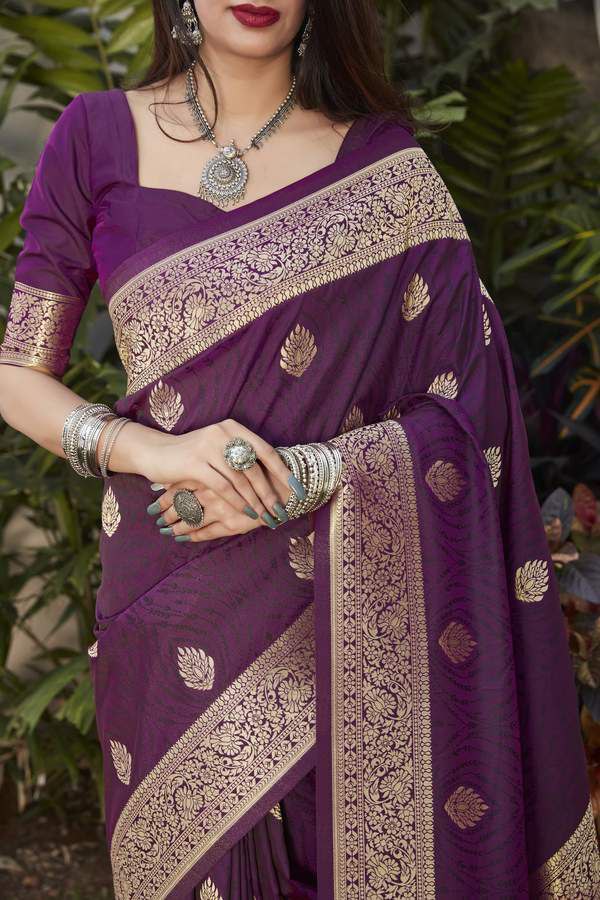 Fantastic Dark Purple Color Golden Jari Work Soft Lichi Silk Saree