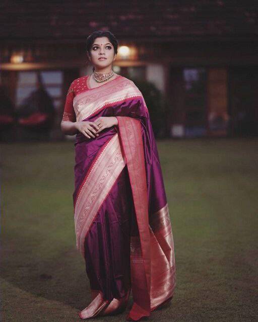 Flattering  Wine Color Golden Jari Soft Lichi Silk Saree