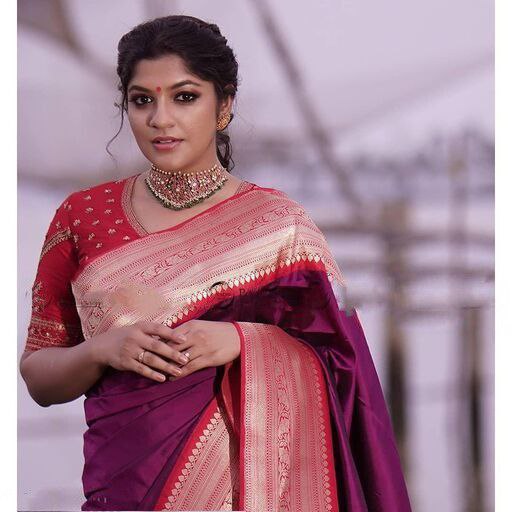 Flattering  Wine Color Golden Jari Soft Lichi Silk Saree