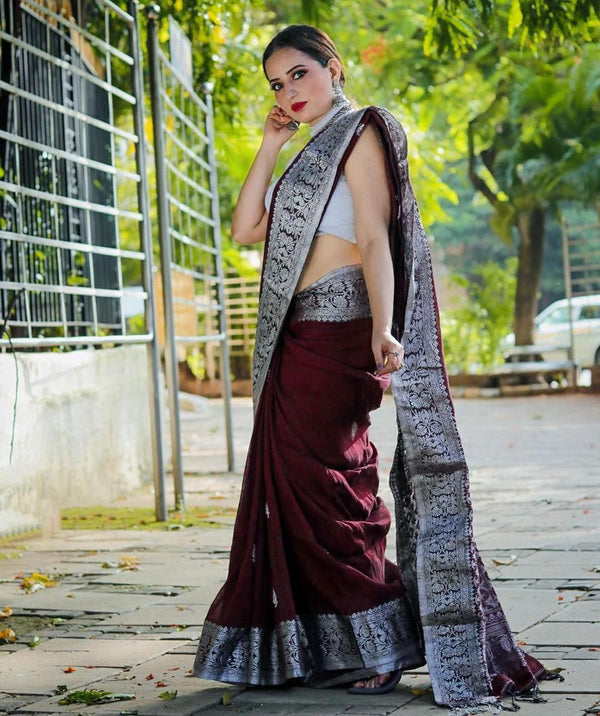 Glossy Maroon Color Soft Lichi Silk Party Wear Saree