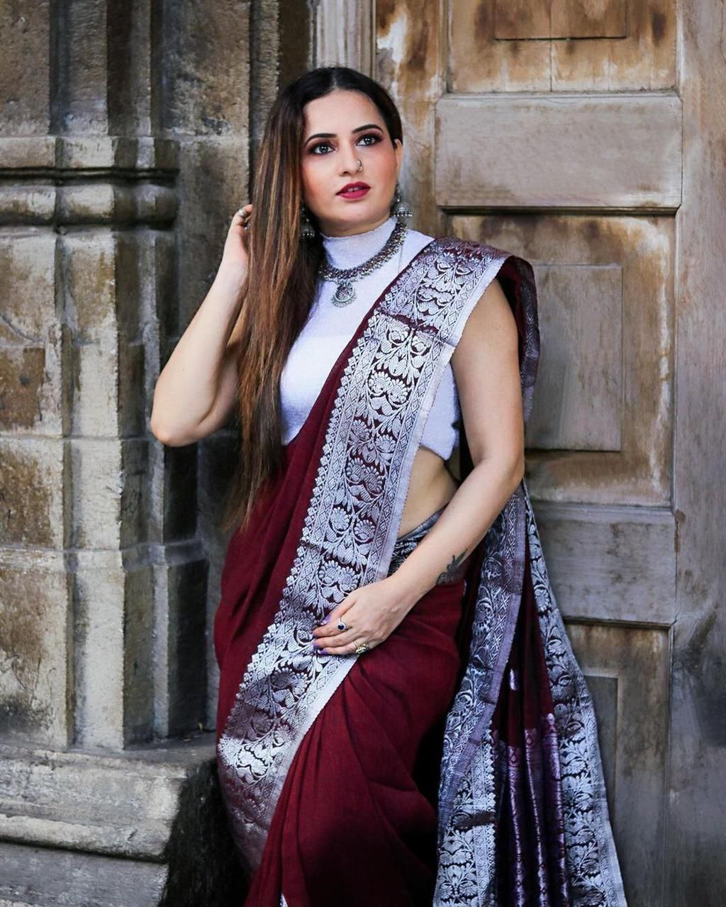 Glossy Maroon Color Soft Lichi Silk Party Wear Saree