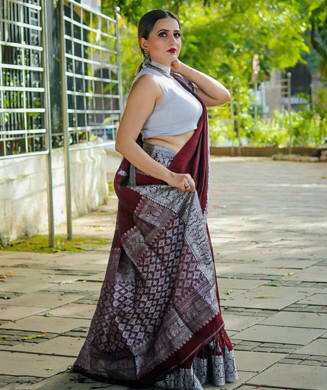 Glossy Maroon Color Soft Lichi Silk Party Wear Saree