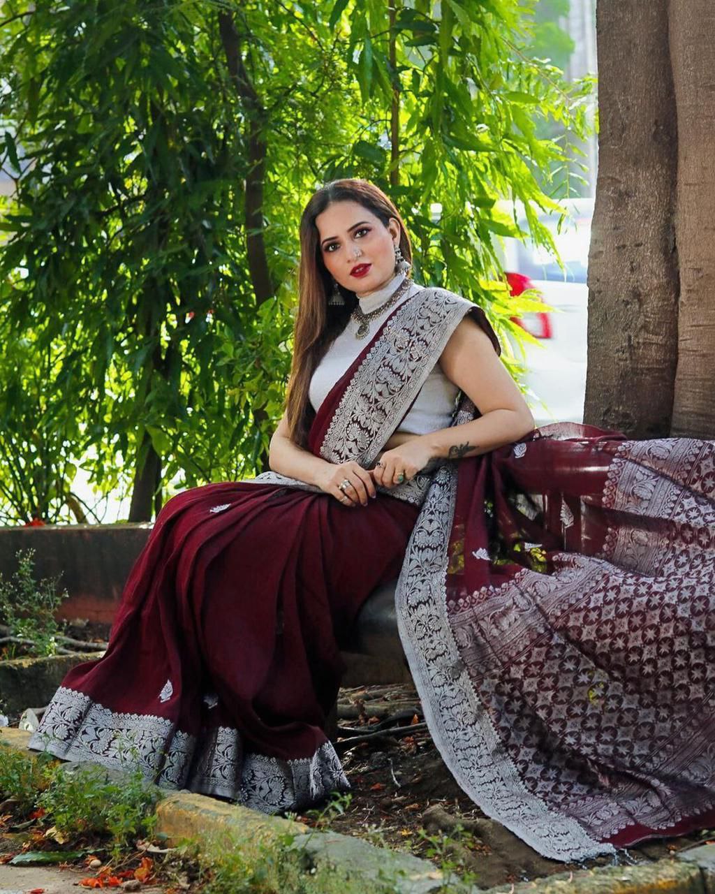 Glossy Maroon Color Soft Lichi Silk Party Wear Saree