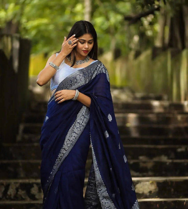 Decent Blue Color Soft Lichi Silk Party Wear Saree