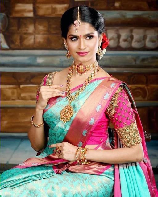 Designer Sky Blue With Pink Color Soft Lichi Silk Saree