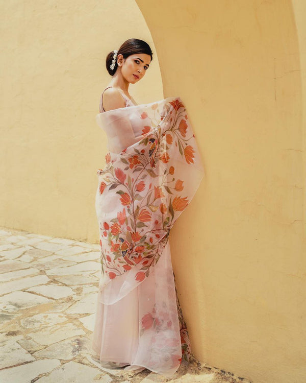 Light Pink Color Handwork Organza Saree