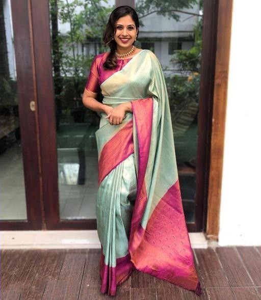 Stunning Sky Blue With Pink Color Coper Jari Design Silk Saree