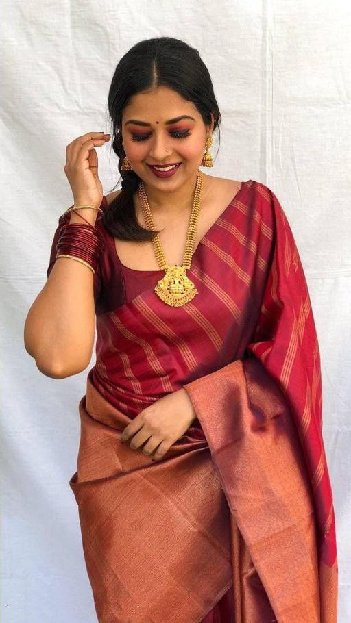 Beautiful Maroon Color Coper Jari Design Silk Saree