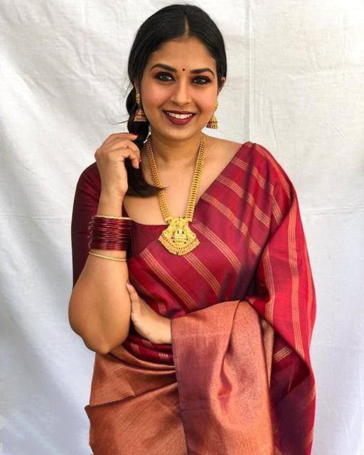Beautiful Maroon Color Coper Jari Design Silk Saree