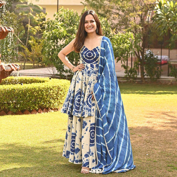 Beautiful Printed Blue And White Color Plazzo Suit