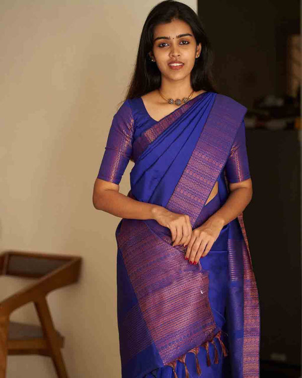 Fancy Blue Color Soft Silk Coper Zari Weaving Saree