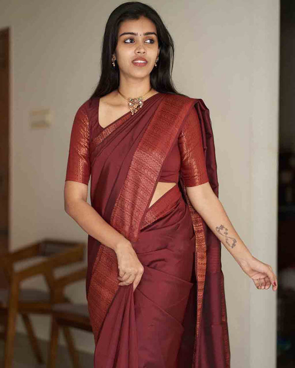 Stunning Maroon Color Soft Silk Coper Zari Weaving Saree