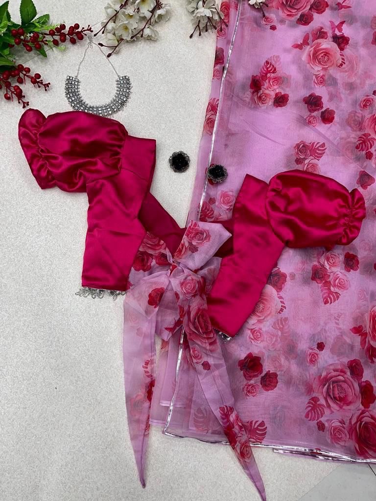 Light Pink Color Organza Saree With Balloon Sleeve Blouse