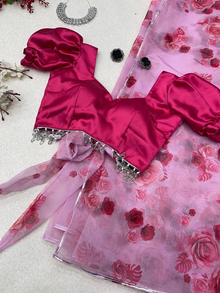 Light Pink Color Organza Saree With Balloon Sleeve Blouse