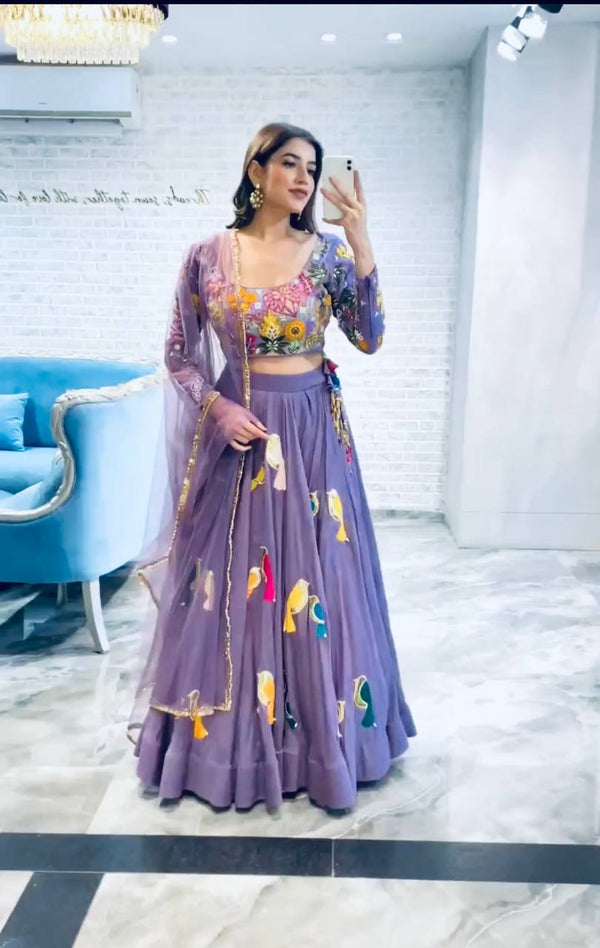 Birds Design Chine Sequence Work Lavender Color Lehenga Choli