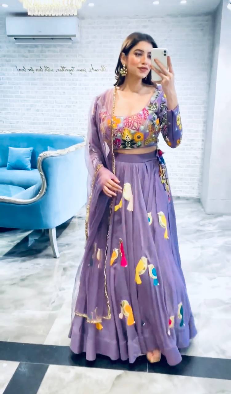 Birds Design Chine Sequence Work Lavender Color Lehenga Choli